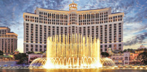 Bellagio Las Vegas façade with fountains presentation during evening show