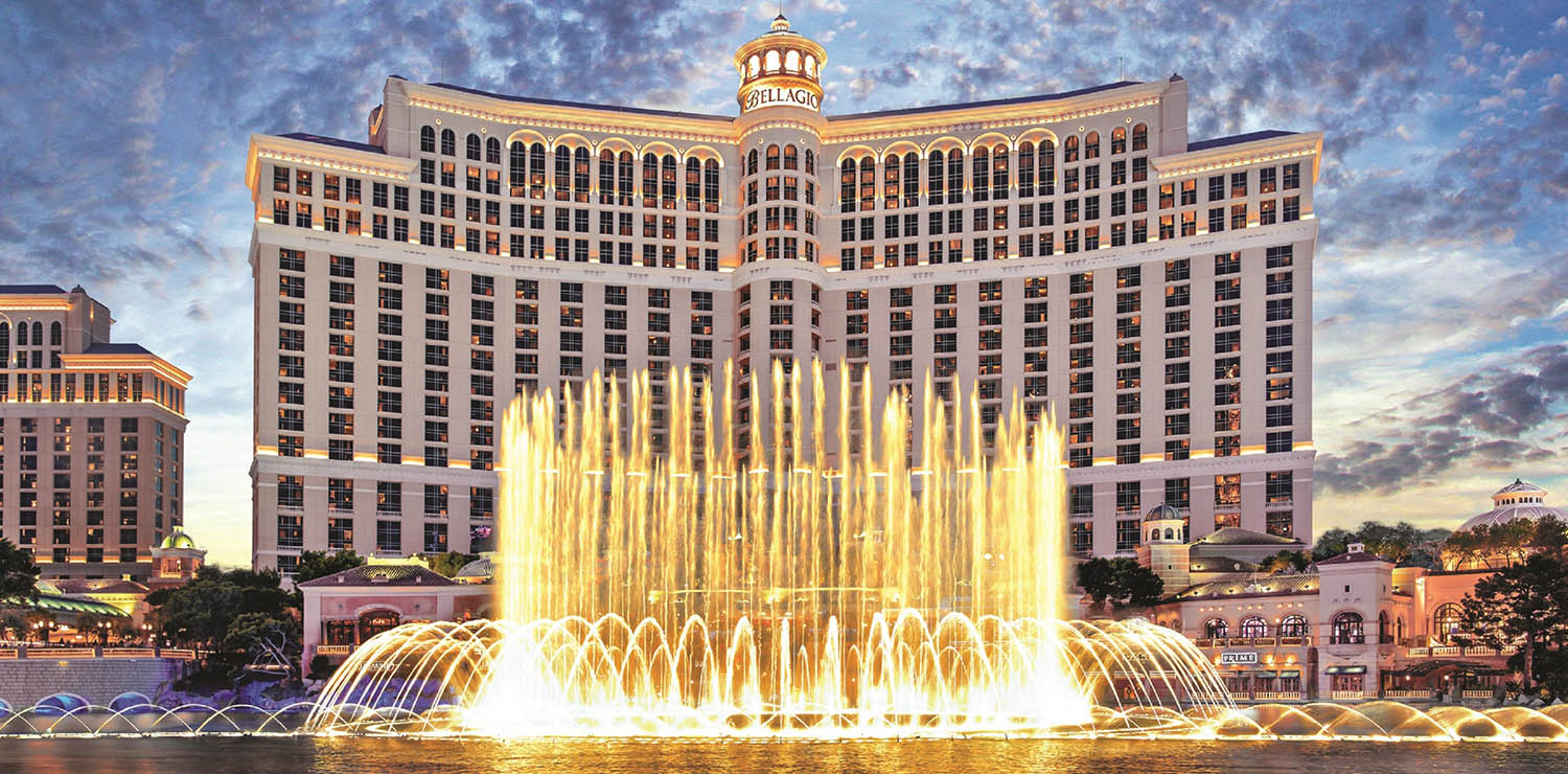 Bellagio Las Vegas façade with fountains presentation during evening show