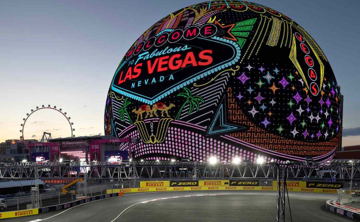 MSG Sphere in Las Vegas lit up at night near the Strip.